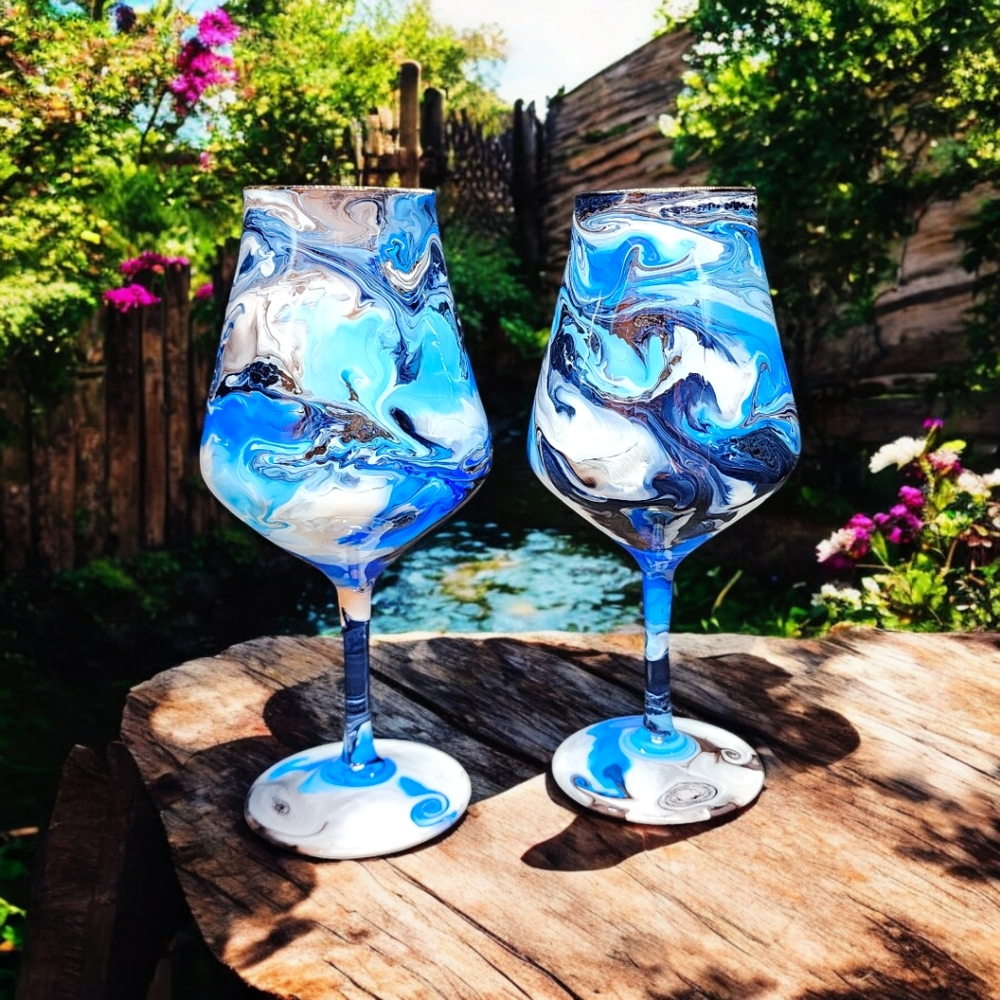 Solitude Blue and Grey/ 14oz Tulip Wine Glass Set - Picture 1 of 3
